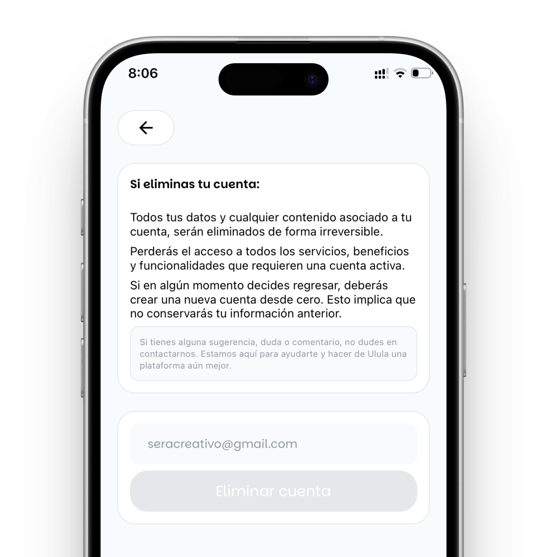 Opción de eliminar cuenta