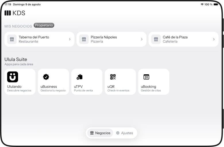 Elección de local en iPad, con la suite de apps de Ulula debajo