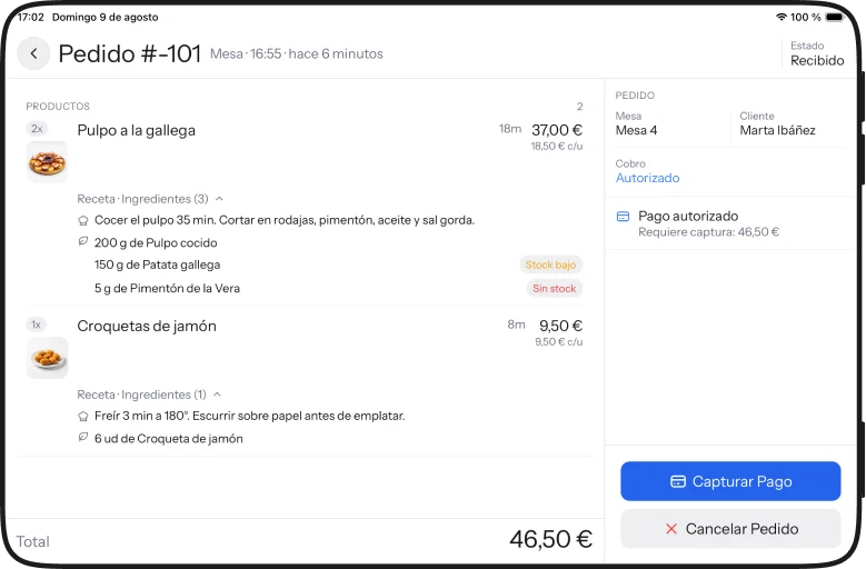 Detalle de un pedido en iPad con la receta y los ingredientes de cada plato