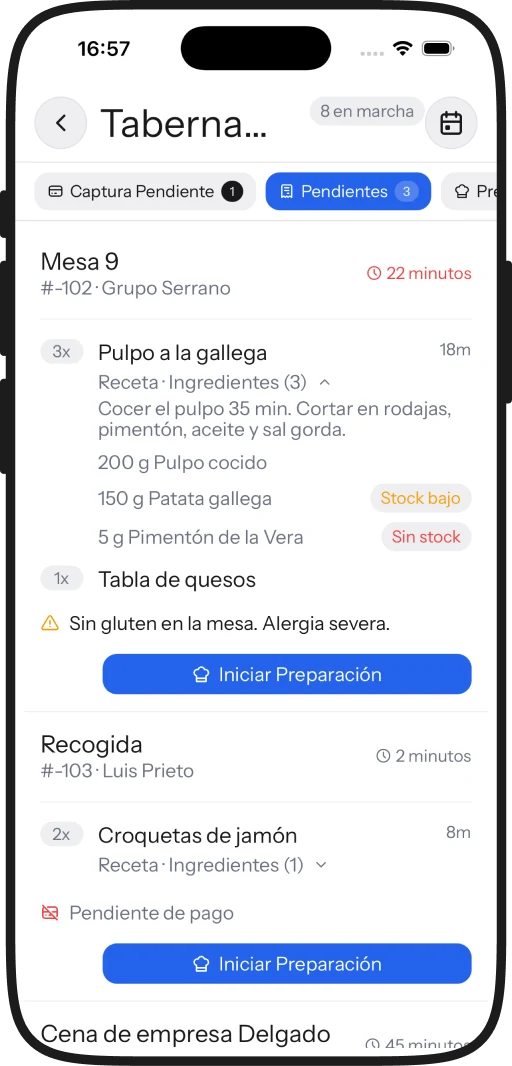Columna de comandas pendientes en iPhone, con la receta de cada plato