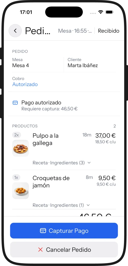 Detalle de un pedido en iPhone, con el pago pendiente de capturar