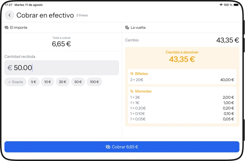 Cobro en efectivo en iPad, con el importe a la izquierda y la vuelta desglosada a la derecha