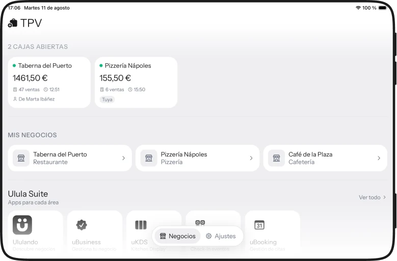 Pantalla de inicio en iPad con las cajas abiertas, los negocios de la cuenta y la suite de Ulula
