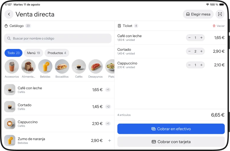 Venta en iPad con el catálogo a la izquierda y el ticket a la derecha