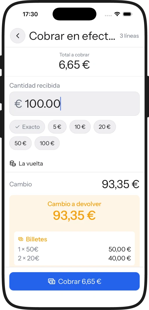 Cobro en efectivo en iPhone, con el cambio a devolver desglosado en billetes