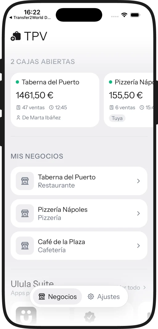 Pantalla de inicio en iPhone con las cajas abiertas y los negocios de la cuenta