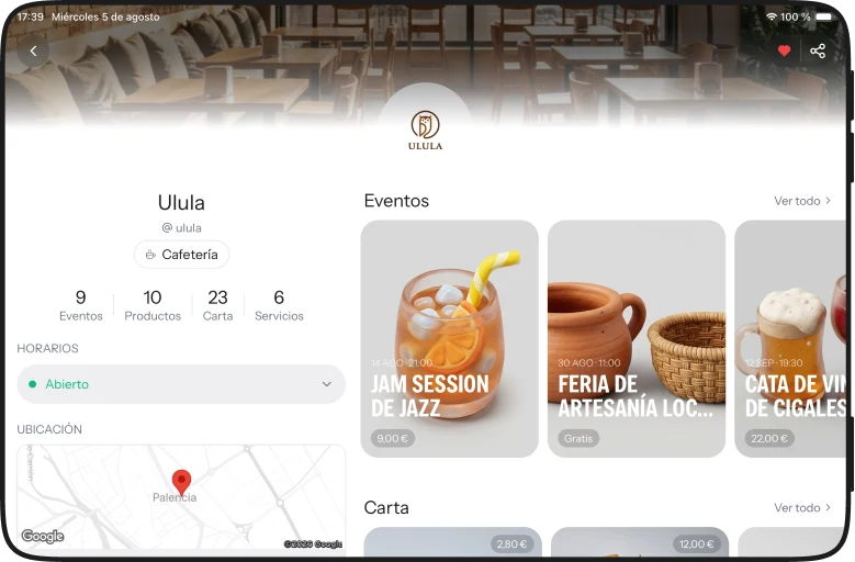 Ficha de negocio en iPad, con horarios y mapa junto a sus eventos