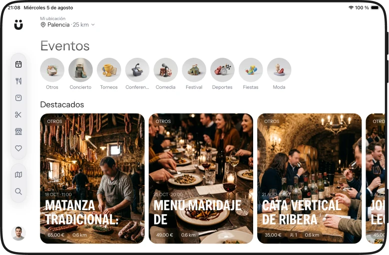 Cartelera de eventos en iPad, con la navegación en un lateral
