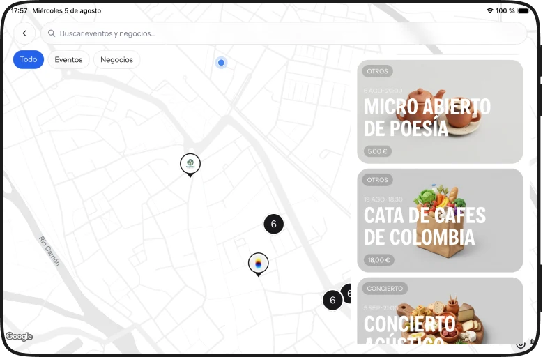 Mapa en iPad, con la lista de eventos en una columna al lado