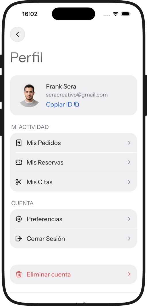 Perfil con los pedidos, reservas y citas del usuario