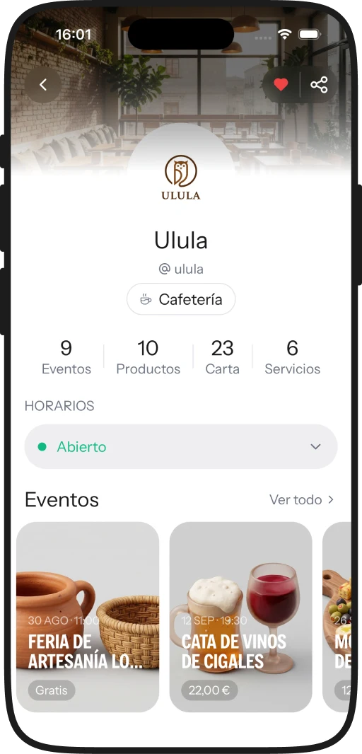 Ficha de un negocio con horarios, eventos y su catálogo