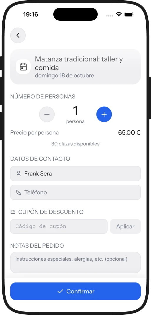 Reserva con número de personas, datos de contacto y cupón