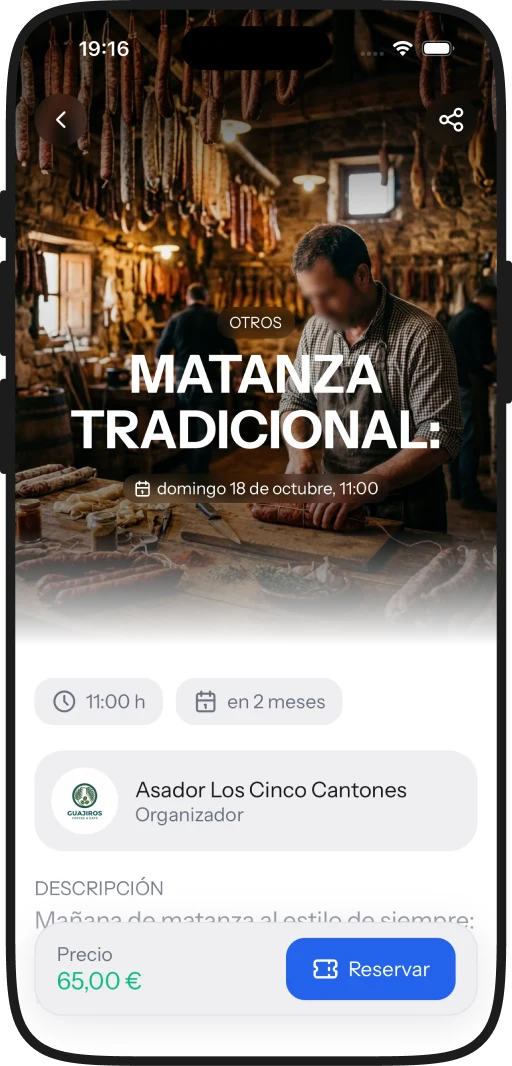 Detalle de un evento con fecha, organizador y precio