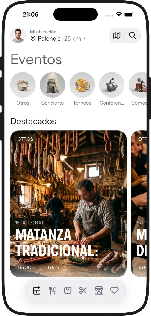 Cartelera de eventos cercanos con categorías y destacados