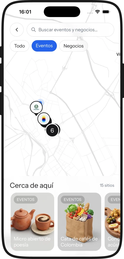 Mapa de la ciudad con los eventos y negocios cercanos marcados
